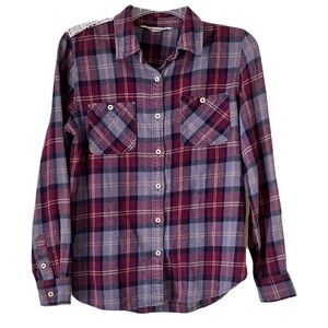 Hippie Laundry Flannel Shirt, Sz. M, Purple Plaid, Lace on Back Yoke